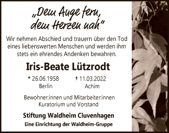 Traueranzeige von Iris-Beate Lützrodt von SYK