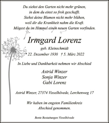 Traueranzeige von Irmgard Lorenz von SYK