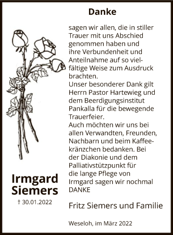 Traueranzeige von Irmgard Siemers von SYK