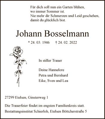 Traueranzeige von Johann Bosselmann von SYK