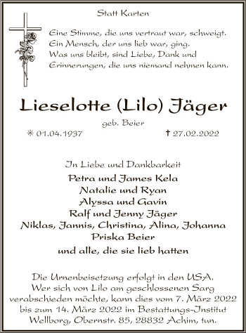 Traueranzeige von Lieselotte Jäger von SYK