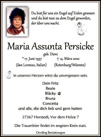 Traueranzeige von Maria Assunta Persicke von SYK