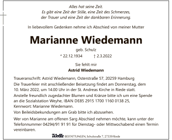 Traueranzeige von Marianne Wiedemann von SYK