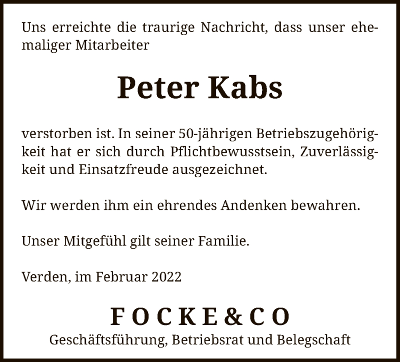  Traueranzeige für Peter Kabs vom 01.03.2022 aus SYK