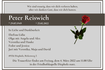 Traueranzeige von Peter Reiswich von SYK