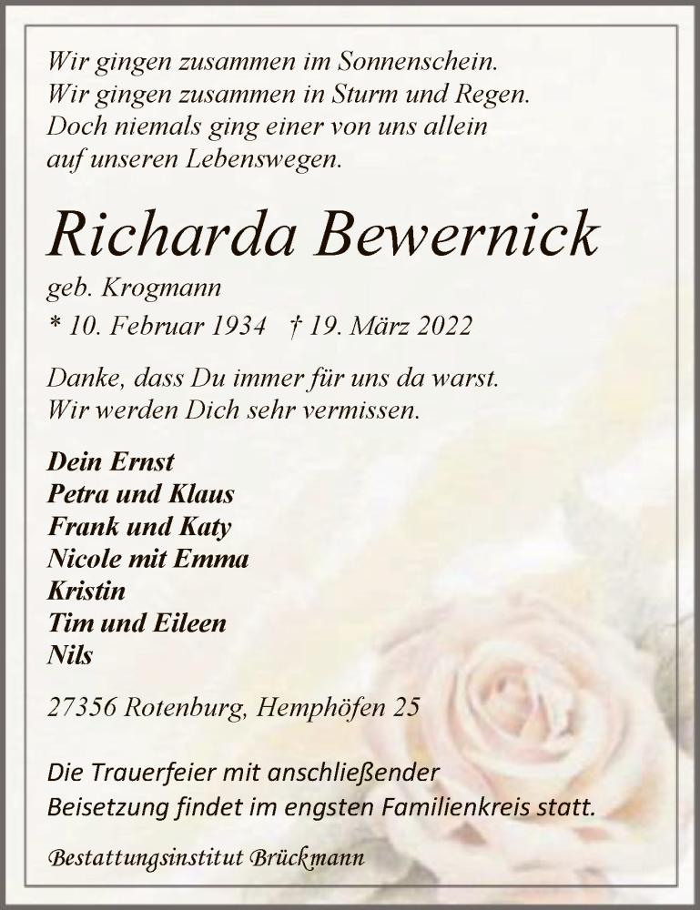  Traueranzeige für Richarda Bewernick vom 26.03.2022 aus SYK
