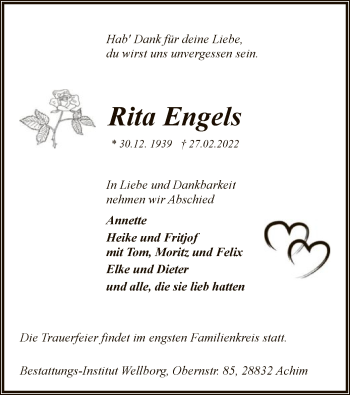 Traueranzeige von Rita Engels von SYK