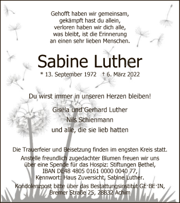 Traueranzeige von Sabine Luther von SYK