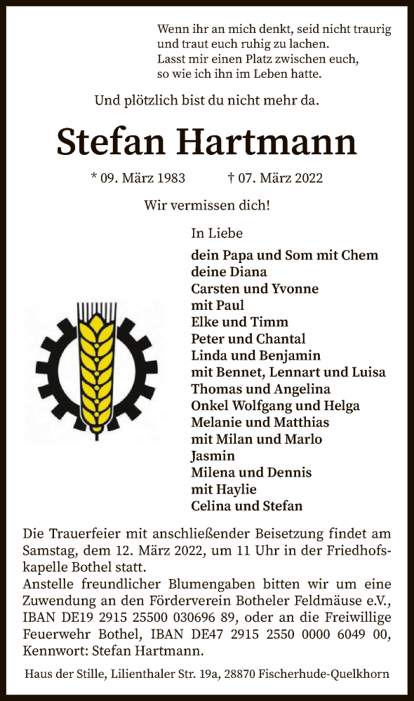  Traueranzeige für Stefan Hartmann vom 11.03.2022 aus SYK