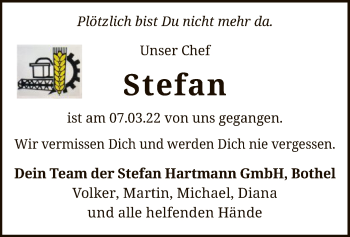 Traueranzeige von Stefan Hartmann von SYK