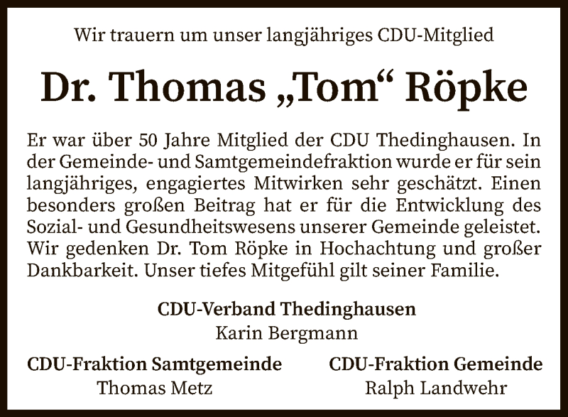  Traueranzeige für Thomas Röpke vom 24.03.2022 aus SYK