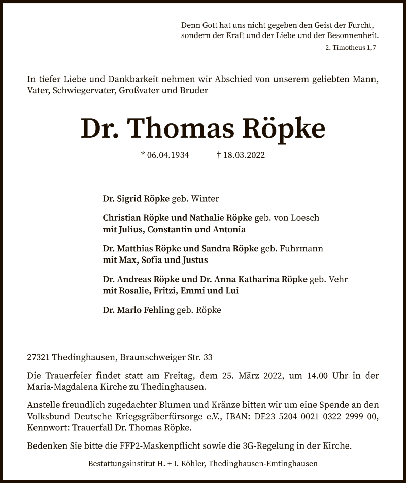  Traueranzeige für Thomas Röpke vom 22.03.2022 aus SYK