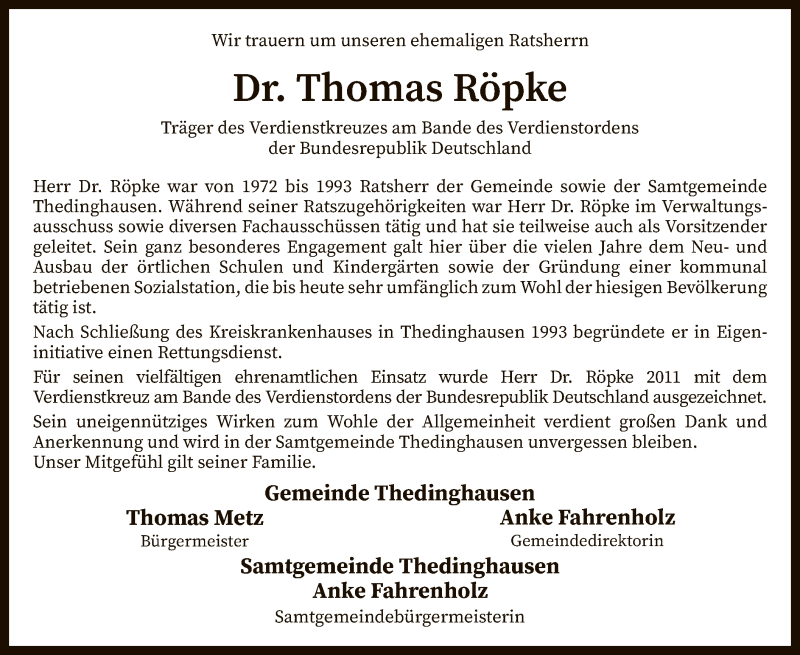  Traueranzeige für Thomas Röpke vom 22.03.2022 aus SYK
