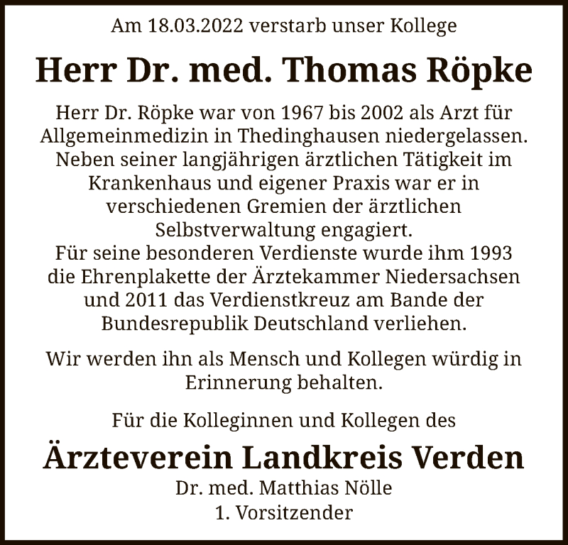  Traueranzeige für Thomas Röpke vom 26.03.2022 aus SYK