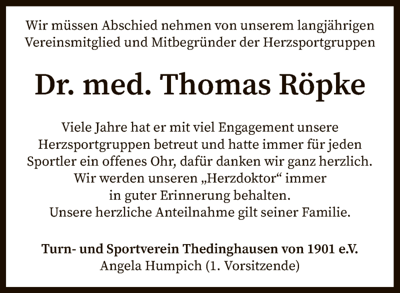  Traueranzeige für Thomas Röpke vom 23.03.2022 aus SYK