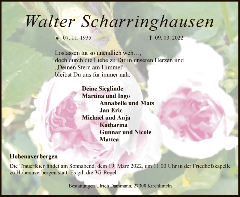  Traueranzeige für Walter Scharringhausen vom 15.03.2022 aus SYK