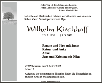 Traueranzeige von Wilhelm Kirchhoff von SYK