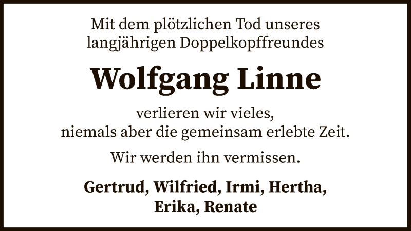  Traueranzeige für Wolfgang Linne vom 26.03.2022 aus SYK