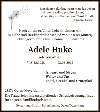 Traueranzeige von Adele Huke von SYK