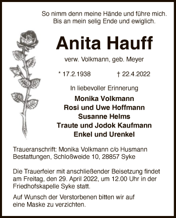 Traueranzeige von Anita Hauff von SYK