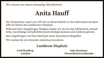 Traueranzeige von Anita Hauff von SYK