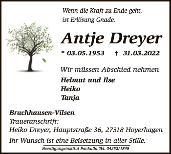 Traueranzeige von Antje Dreyer von SYK