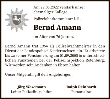 Traueranzeige von Bernd Amann von SYK