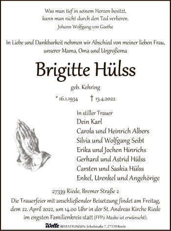 Traueranzeige von Brigitte Hülss von SYK