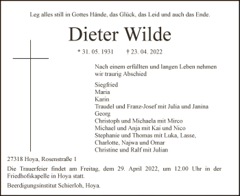 Traueranzeige von Dieter Wilde von SYK