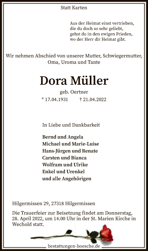  Traueranzeige für Dora Müller vom 23.04.2022 aus SYK