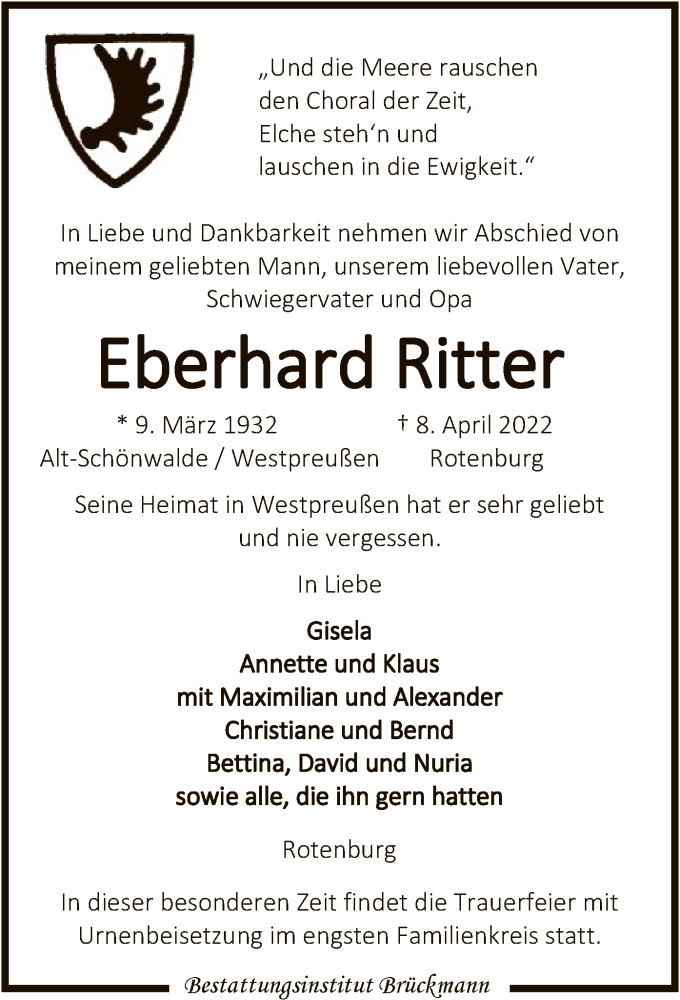  Traueranzeige für Eberhard Ritter vom 16.04.2022 aus SYK