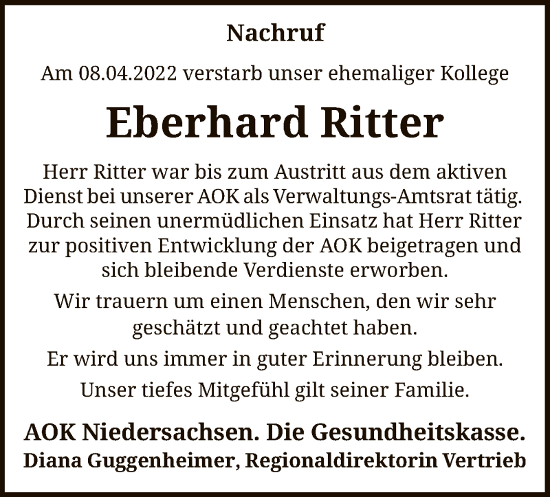  Traueranzeige für Eberhard Ritter vom 16.04.2022 aus SYK