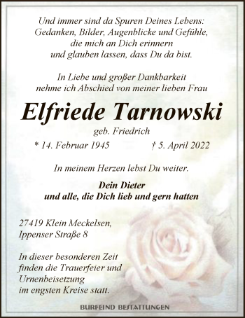 Traueranzeige von Elfriede Tarnowski von SYK