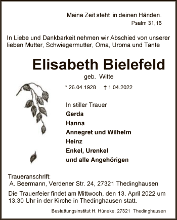 Traueranzeige von Elisabeth Bielefeld von SYK