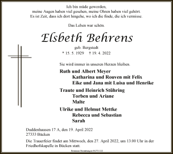 Traueranzeige von Elsbeth Behrens von SYK