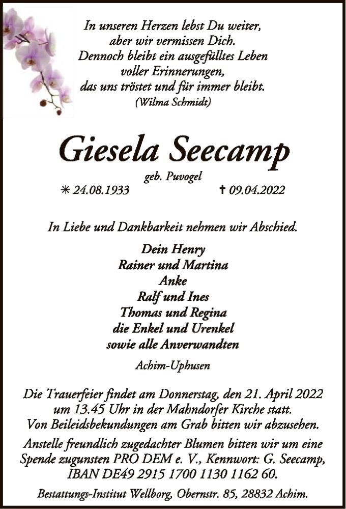  Traueranzeige für Giesela Seecamp vom 16.04.2022 aus SYK