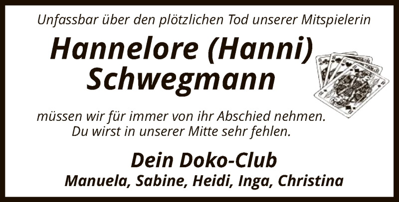  Traueranzeige für Hannelore Schwegmann vom 20.04.2022 aus SYK