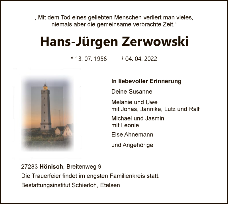  Traueranzeige für Hans-Jürgen Zerwowski vom 09.04.2022 aus SYK