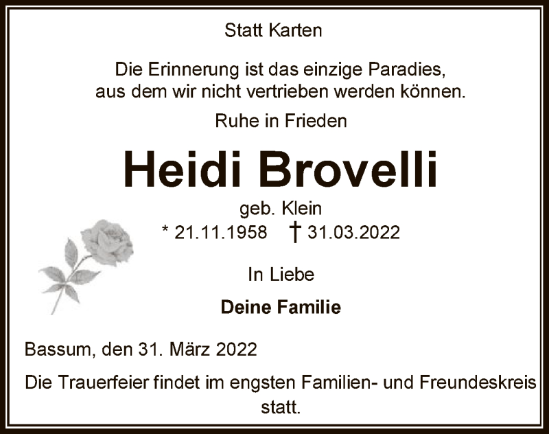  Traueranzeige für Heidi Brovelli vom 05.04.2022 aus SYK