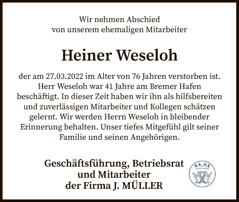  Traueranzeige für Heiner Weseloh vom 01.04.2022 aus SYK