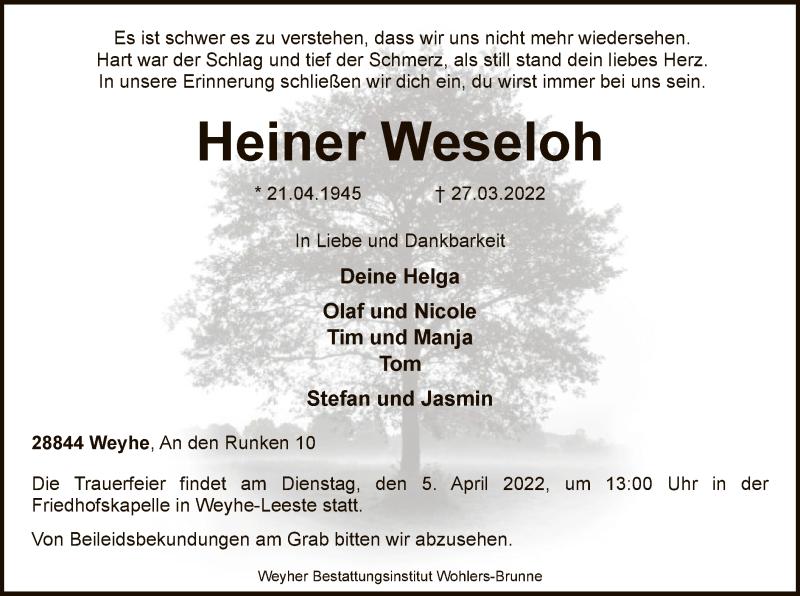  Traueranzeige für Heiner Weseloh vom 01.04.2022 aus SYK
