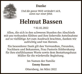 Traueranzeige von Helmut Bassen von SYK