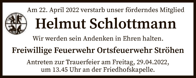  Traueranzeige für Helmut Schlottmann vom 27.04.2022 aus SYK