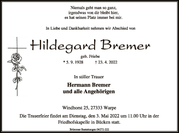 Traueranzeige von Hildegard Bremer von SYK