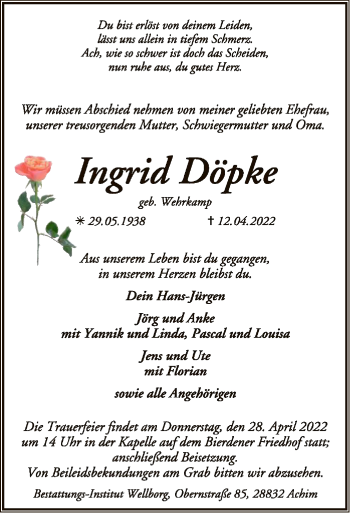 Traueranzeige von Ingrid Döpke von SYK