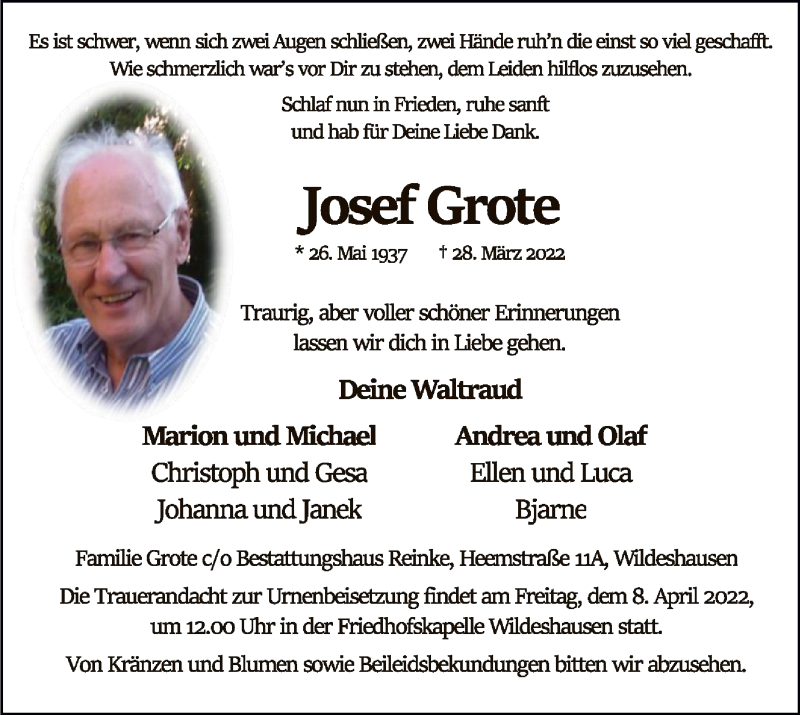 Traueranzeigen Von Josef Grote | Trauer.kreiszeitung.de