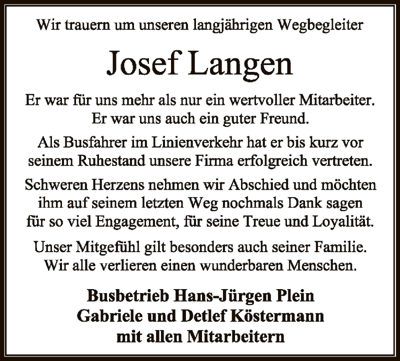  Traueranzeige für Josef Langen vom 28.04.2022 aus SYK