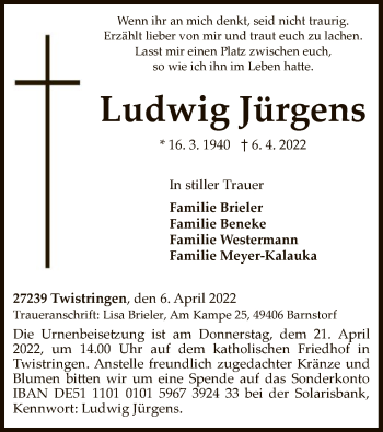 Traueranzeige von Ludwig Jürgens von SYK