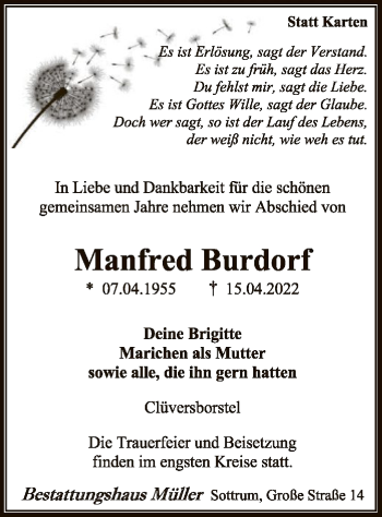 Traueranzeige von Manfred Burdorf von SYK