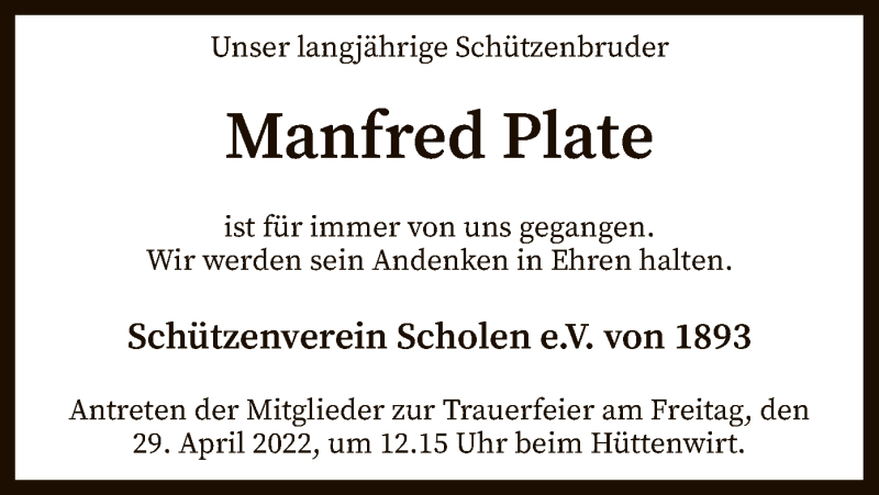  Traueranzeige für Manfred Plate vom 26.04.2022 aus SYK